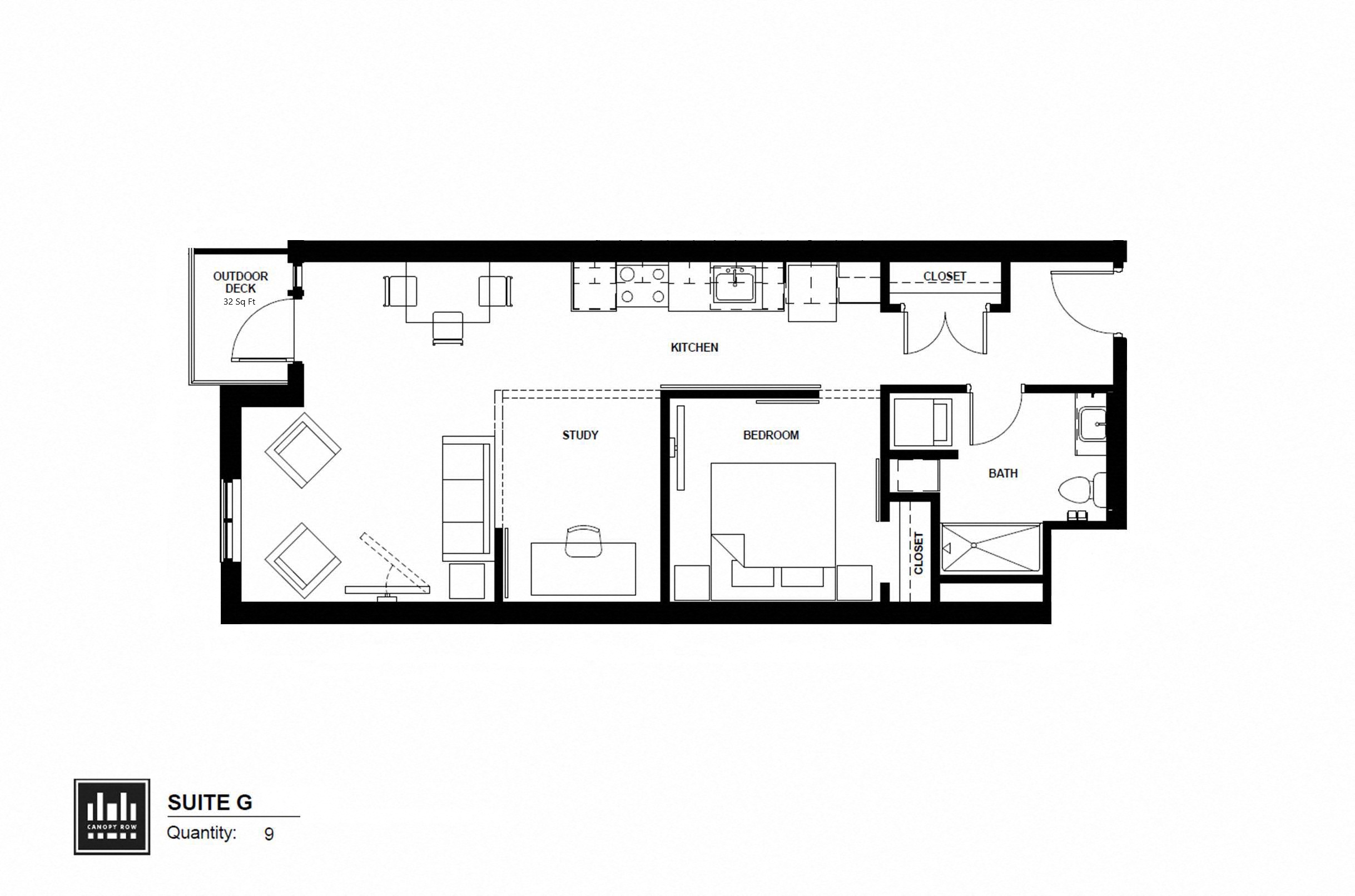Floor plan for 1 bed, 1 bath, 738 sqft